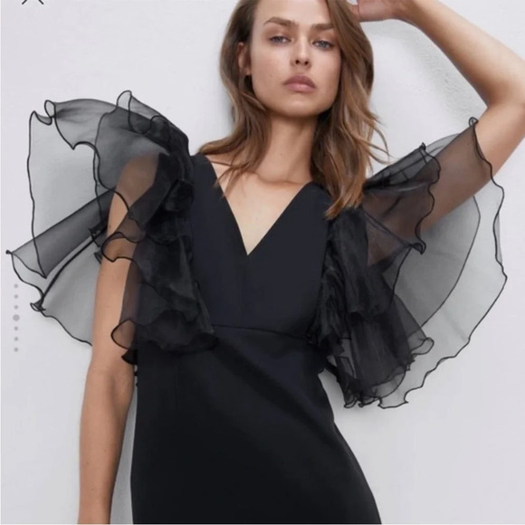 ZARA Black Mini Dress With Organza Sleeves size XS - Picture 10 of 11